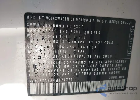 2022 Volkswagen Tiguan 2.0T Se from USA, damaged, VIN 3VV2B7AX9NM171729